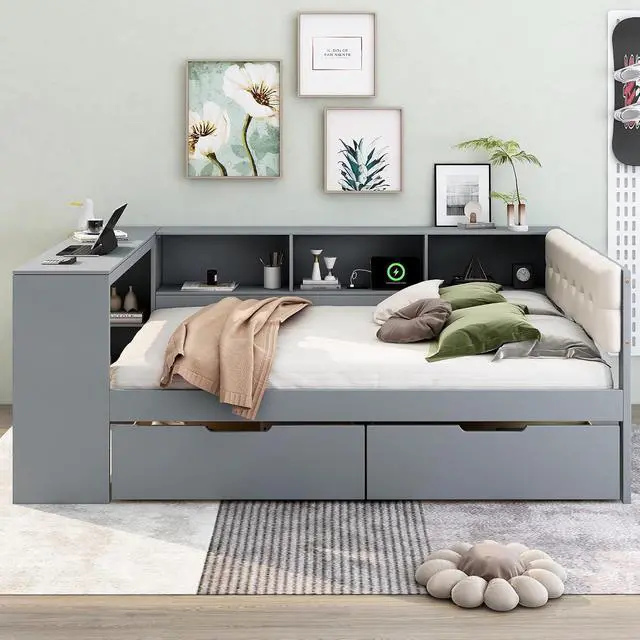 Alt view image 4 of 7 - Full Size Wood Daybed with Desk, Day Bed with Storage Drawers, L Shaped Platform Bookcase Bed Frame with Charging Station and Upholstered Headboard, for Adults and Kids Bedroom, Gray