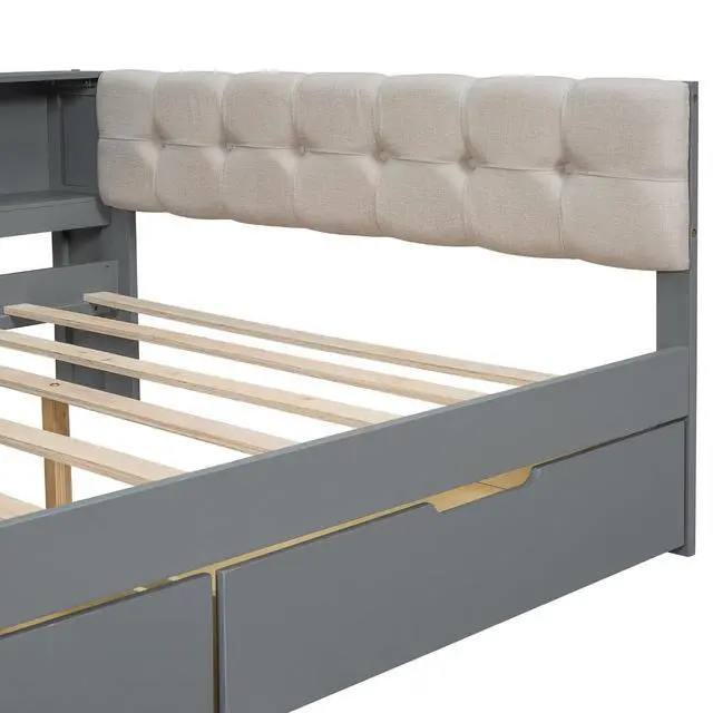 Alt view image 5 of 7 - Full Size Wood Daybed with Desk, Day Bed with Storage Drawers, L Shaped Platform Bookcase Bed Frame with Charging Station and Upholstered Headboard, for Adults and Kids Bedroom, Gray