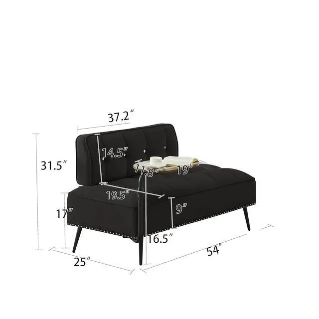 Alt view image 2 of 7 - 54" Ottoman Bench with 360° Rotating Side Table, Velvet Upholstered 2 Seater Sofa with Backrest, Lounge Chair with Button Tufted Cushions, Entryway Stool for Living Room, Bedroom, Apartment, Black