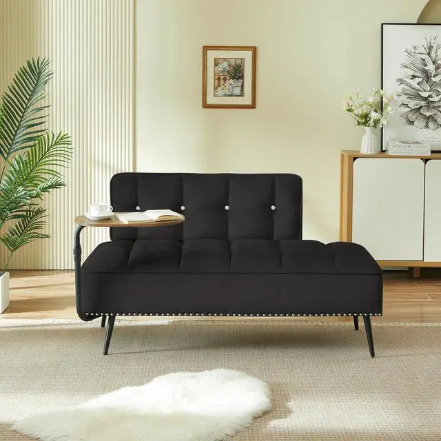 Alt view image 3 of 7 - 54" Ottoman Bench with 360° Rotating Side Table, Velvet Upholstered 2 Seater Sofa with Backrest, Lounge Chair with Button Tufted Cushions, Entryway Stool for Living Room, Bedroom, Apartment, Black