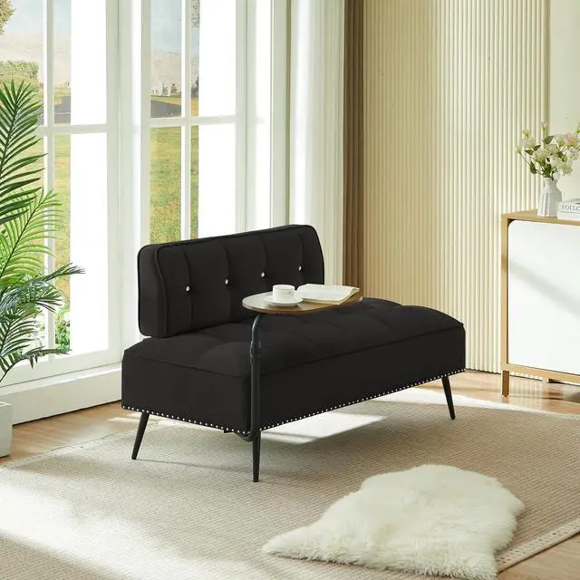 Alt view image 4 of 7 - 54" Ottoman Bench with 360° Rotating Side Table, Velvet Upholstered 2 Seater Sofa with Backrest, Lounge Chair with Button Tufted Cushions, Entryway Stool for Living Room, Bedroom, Apartment, Black