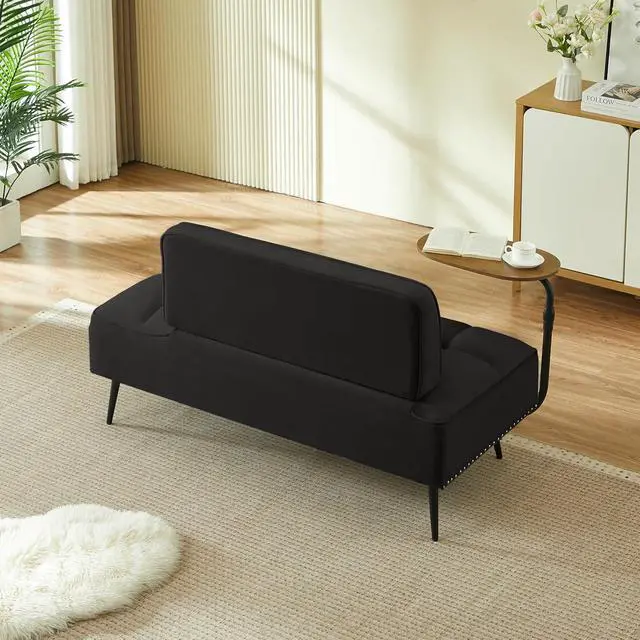 Alt view image 5 of 7 - 54" Ottoman Bench with 360° Rotating Side Table, Velvet Upholstered 2 Seater Sofa with Backrest, Lounge Chair with Button Tufted Cushions, Entryway Stool for Living Room, Bedroom, Apartment, Black