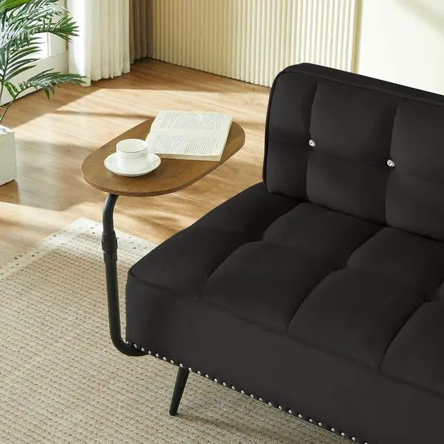 Alt view image 6 of 7 - 54" Ottoman Bench with 360° Rotating Side Table, Velvet Upholstered 2 Seater Sofa with Backrest, Lounge Chair with Button Tufted Cushions, Entryway Stool for Living Room, Bedroom, Apartment, Black