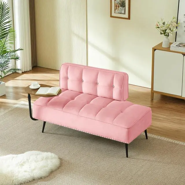 Main image of 54" Ottoman Bench with 360° Rotating Side Table, Velvet Upholstered 2 Seater Sofa with Backrest, Lounge Chair with Button Tufted Cushions, Entryway Stool for Living Room, Bedroom, Apartment, Pink