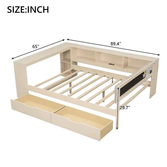 Alt view image 2 of 7 - Full Size Wood Daybed with Desk, Day Bed with Storage Drawers, L Shaped Platform Bookcase Bed Frame with Charging Station and Upholstered Headboard, for Adults and Kids Bedroom, Cream