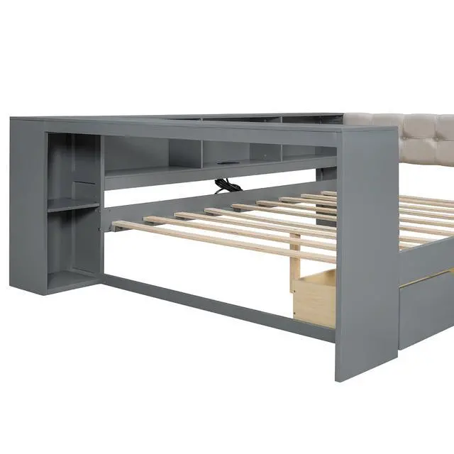 Alt view image 7 of 7 - Full Size Wood Daybed with Desk, Day Bed with Storage Drawers, L Shaped Platform Bookcase Bed Frame with Charging Station and Upholstered Headboard, for Adults and Kids Bedroom, Gray
