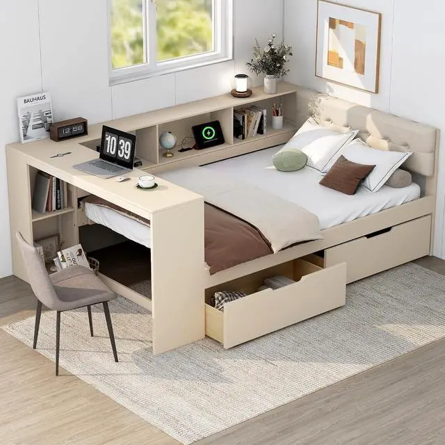Main image of Full Size Wood Daybed with Desk, Day Bed with Storage Drawers, L Shaped Platform Bookcase Bed Frame with Charging Station and Upholstered Headboard, for Adults and Kids Bedroom, Cream
