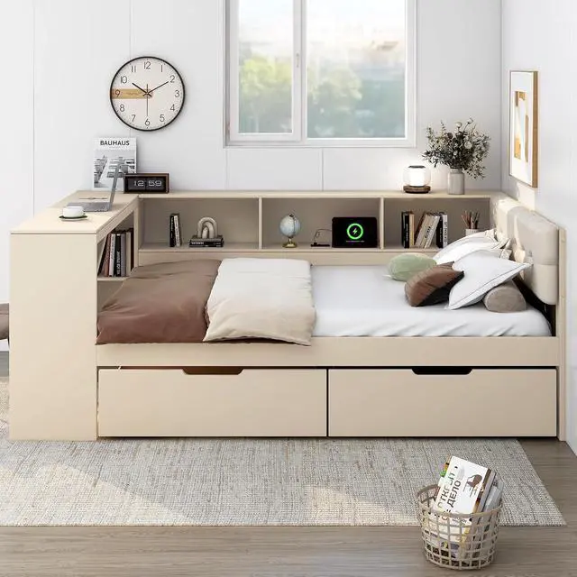 Alt view image 3 of 7 - Full Size Wood Daybed with Desk, Day Bed with Storage Drawers, L Shaped Platform Bookcase Bed Frame with Charging Station and Upholstered Headboard, for Adults and Kids Bedroom, Cream