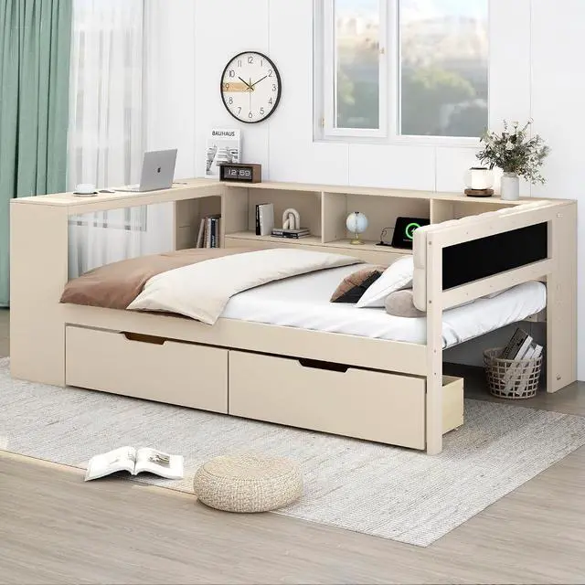 Alt view image 4 of 7 - Full Size Wood Daybed with Desk, Day Bed with Storage Drawers, L Shaped Platform Bookcase Bed Frame with Charging Station and Upholstered Headboard, for Adults and Kids Bedroom, Cream