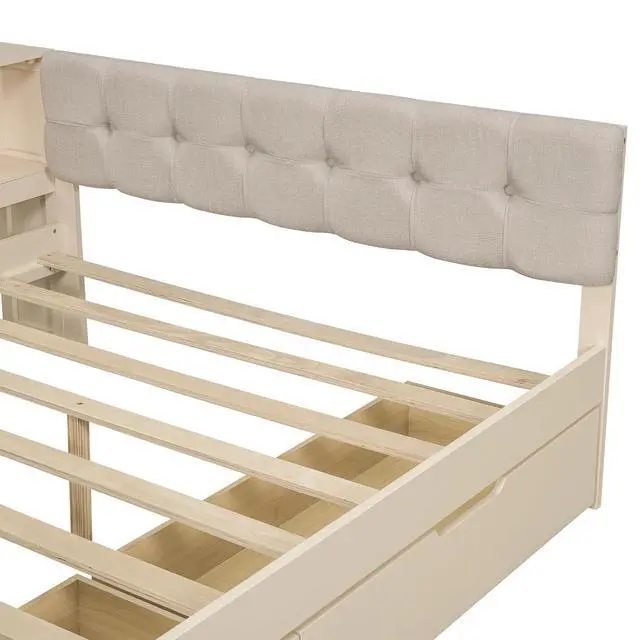 Alt view image 5 of 7 - Full Size Wood Daybed with Desk, Day Bed with Storage Drawers, L Shaped Platform Bookcase Bed Frame with Charging Station and Upholstered Headboard, for Adults and Kids Bedroom, Cream