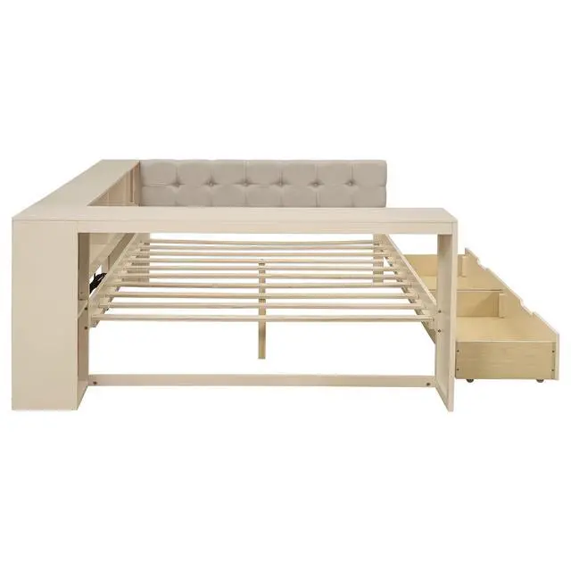 Alt view image 7 of 7 - Full Size Wood Daybed with Desk, Day Bed with Storage Drawers, L Shaped Platform Bookcase Bed Frame with Charging Station and Upholstered Headboard, for Adults and Kids Bedroom, Cream