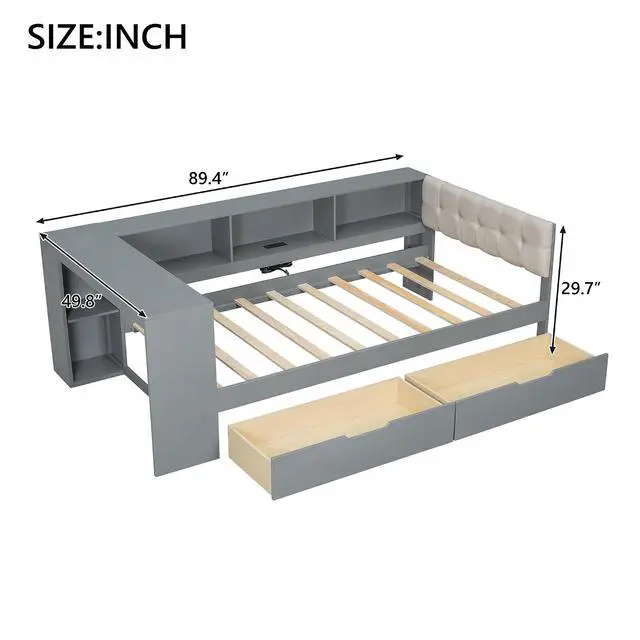 Alt view image 2 of 7 - Twin Size Wood Daybed with Desk, Day Bed with Storage Drawers, L Shaped Platform Bookcase Bed Frame with Charging Station and Upholstered Headboard, for Adults and Kids Bedroom, Gray
