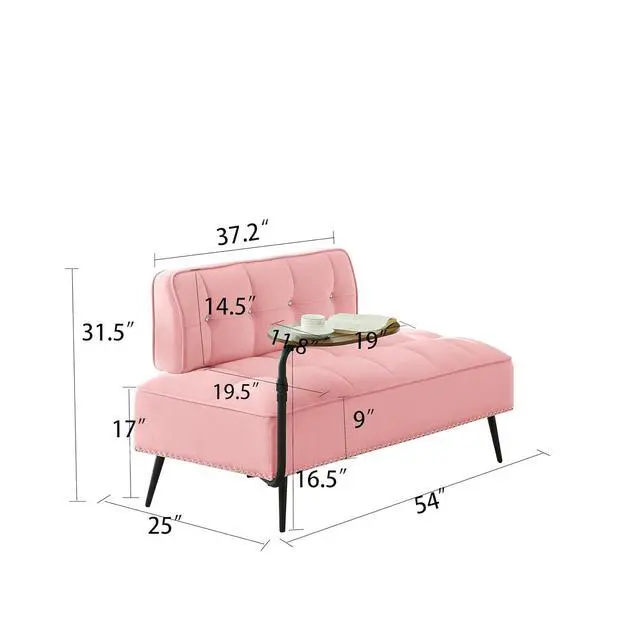Alt view image 2 of 7 - 54" Ottoman Bench with 360° Rotating Side Table, Velvet Upholstered 2 Seater Sofa with Backrest, Lounge Chair with Button Tufted Cushions, Entryway Stool for Living Room, Bedroom, Apartment, Pink