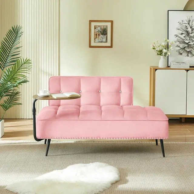 Alt view image 3 of 7 - 54" Ottoman Bench with 360° Rotating Side Table, Velvet Upholstered 2 Seater Sofa with Backrest, Lounge Chair with Button Tufted Cushions, Entryway Stool for Living Room, Bedroom, Apartment, Pink