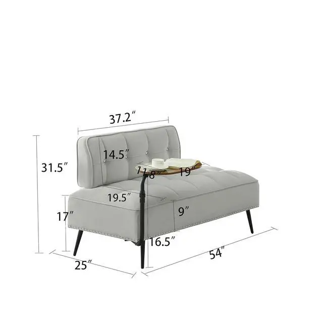 Alt view image 2 of 7 - 54" Ottoman Bench with 360° Rotating Side Table, Velvet Upholstered 2 Seater Sofa with Backrest, Lounge Chair with Button Tufted Cushions, Entryway Stool for Living Room, Bedroom, Apartment, Gray
