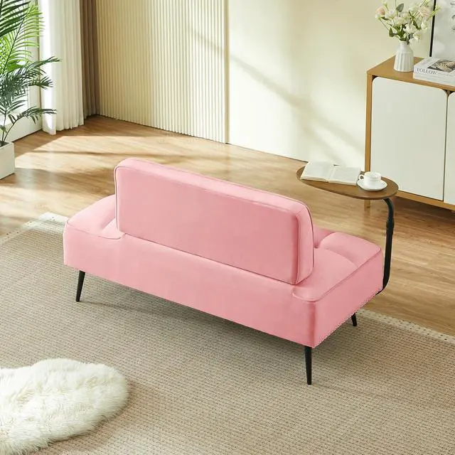Alt view image 5 of 7 - 54" Ottoman Bench with 360° Rotating Side Table, Velvet Upholstered 2 Seater Sofa with Backrest, Lounge Chair with Button Tufted Cushions, Entryway Stool for Living Room, Bedroom, Apartment, Pink