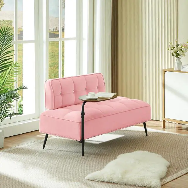 Alt view image 4 of 7 - 54" Ottoman Bench with 360° Rotating Side Table, Velvet Upholstered 2 Seater Sofa with Backrest, Lounge Chair with Button Tufted Cushions, Entryway Stool for Living Room, Bedroom, Apartment, Pink