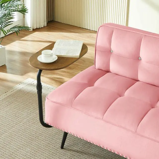 Alt view image 6 of 7 - 54" Ottoman Bench with 360° Rotating Side Table, Velvet Upholstered 2 Seater Sofa with Backrest, Lounge Chair with Button Tufted Cushions, Entryway Stool for Living Room, Bedroom, Apartment, Pink