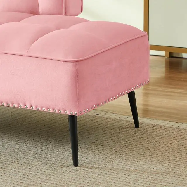 Alt view image 7 of 7 - 54" Ottoman Bench with 360° Rotating Side Table, Velvet Upholstered 2 Seater Sofa with Backrest, Lounge Chair with Button Tufted Cushions, Entryway Stool for Living Room, Bedroom, Apartment, Pink