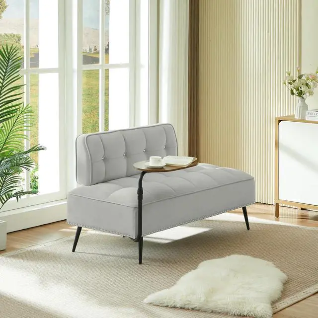Alt view image 4 of 7 - 54" Ottoman Bench with 360° Rotating Side Table, Velvet Upholstered 2 Seater Sofa with Backrest, Lounge Chair with Button Tufted Cushions, Entryway Stool for Living Room, Bedroom, Apartment, Gray