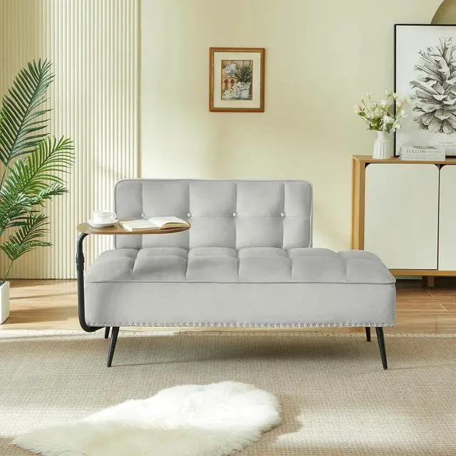 Alt view image 3 of 7 - 54" Ottoman Bench with 360° Rotating Side Table, Velvet Upholstered 2 Seater Sofa with Backrest, Lounge Chair with Button Tufted Cushions, Entryway Stool for Living Room, Bedroom, Apartment, Gray
