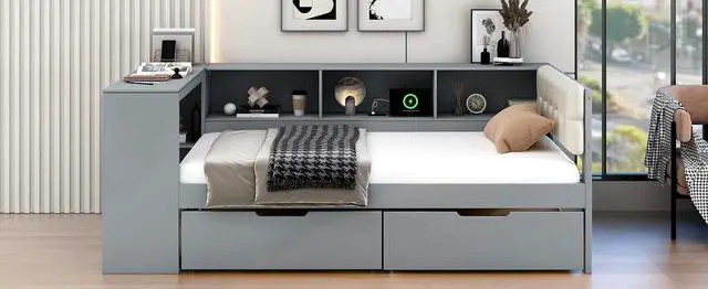 Alt view image 6 of 7 - Twin Size Wood Daybed with Desk, Day Bed with Storage Drawers, L Shaped Platform Bookcase Bed Frame with Charging Station and Upholstered Headboard, for Adults and Kids Bedroom, Gray
