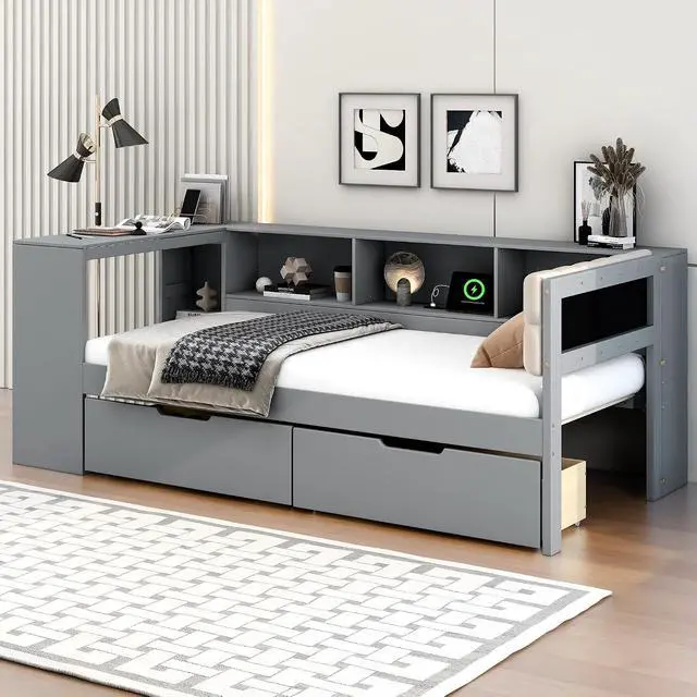 Alt view image 3 of 7 - Twin Size Wood Daybed with Desk, Day Bed with Storage Drawers, L Shaped Platform Bookcase Bed Frame with Charging Station and Upholstered Headboard, for Adults and Kids Bedroom, Gray