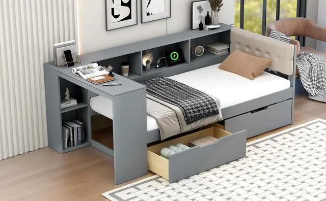 Alt view image 5 of 7 - Twin Size Wood Daybed with Desk, Day Bed with Storage Drawers, L Shaped Platform Bookcase Bed Frame with Charging Station and Upholstered Headboard, for Adults and Kids Bedroom, Gray