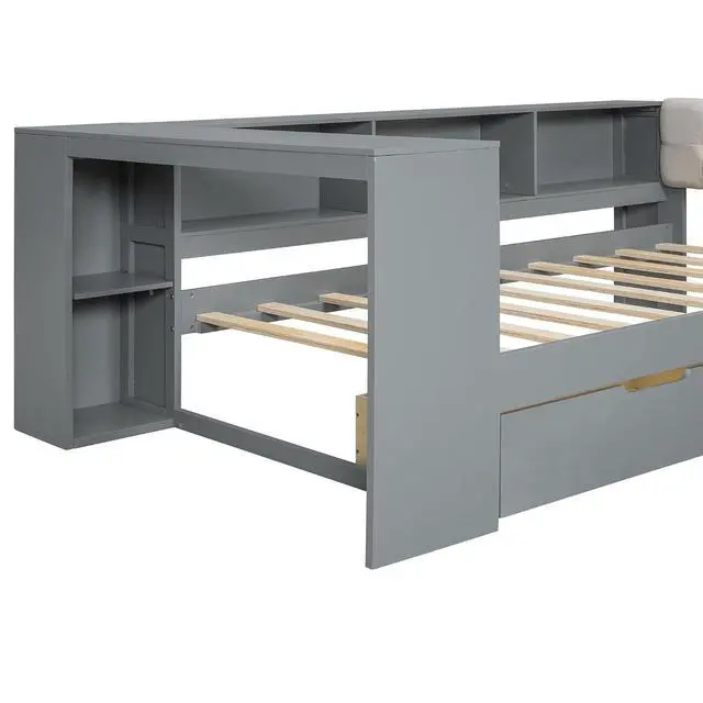 Alt view image 7 of 7 - Twin Size Wood Daybed with Desk, Day Bed with Storage Drawers, L Shaped Platform Bookcase Bed Frame with Charging Station and Upholstered Headboard, for Adults and Kids Bedroom, Gray