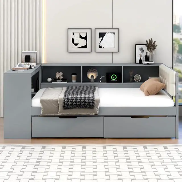 Alt view image 4 of 7 - Twin Size Wood Daybed with Desk, Day Bed with Storage Drawers, L Shaped Platform Bookcase Bed Frame with Charging Station and Upholstered Headboard, for Adults and Kids Bedroom, Gray