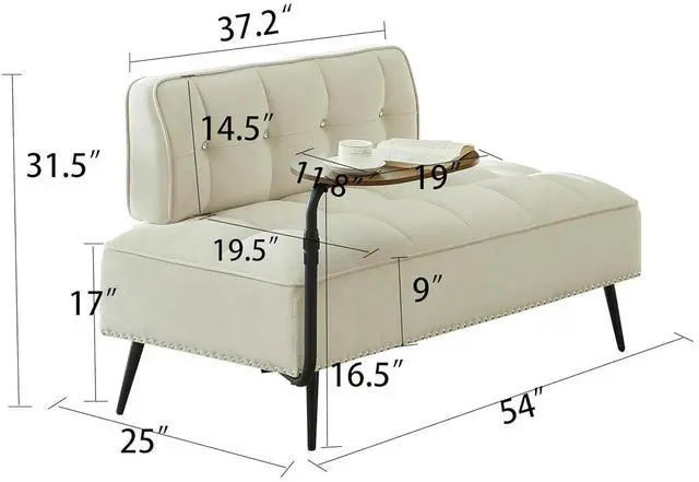 Alt view image 2 of 7 - 54" Ottoman Bench with 360° Rotating Side Table, Velvet Upholstered 2 Seater Sofa with Backrest, Lounge Chair with Button Tufted Cushions, Entryway Stool for Living Room, Bedroom, Apartment, Beige