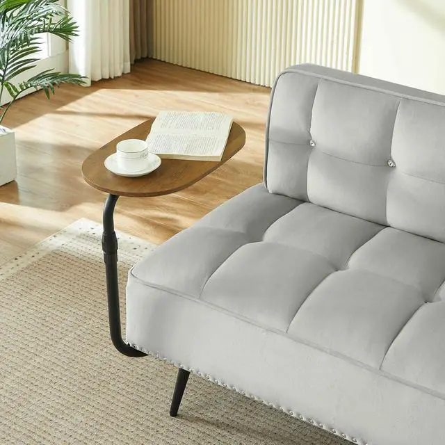 Alt view image 6 of 7 - 54" Ottoman Bench with 360° Rotating Side Table, Velvet Upholstered 2 Seater Sofa with Backrest, Lounge Chair with Button Tufted Cushions, Entryway Stool for Living Room, Bedroom, Apartment, Gray