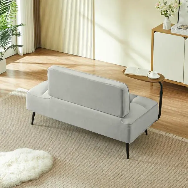 Alt view image 5 of 7 - 54" Ottoman Bench with 360° Rotating Side Table, Velvet Upholstered 2 Seater Sofa with Backrest, Lounge Chair with Button Tufted Cushions, Entryway Stool for Living Room, Bedroom, Apartment, Gray