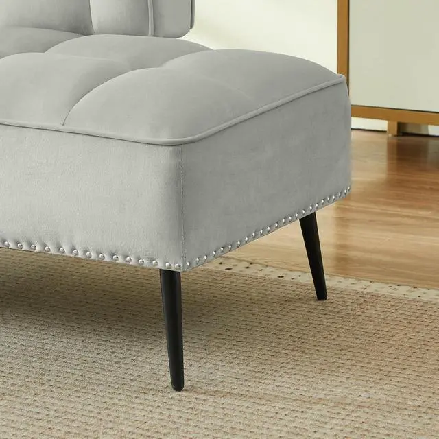 Alt view image 7 of 7 - 54" Ottoman Bench with 360° Rotating Side Table, Velvet Upholstered 2 Seater Sofa with Backrest, Lounge Chair with Button Tufted Cushions, Entryway Stool for Living Room, Bedroom, Apartment, Gray