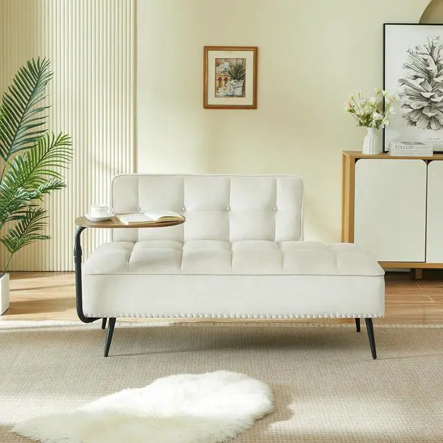 Alt view image 3 of 7 - 54" Ottoman Bench with 360° Rotating Side Table, Velvet Upholstered 2 Seater Sofa with Backrest, Lounge Chair with Button Tufted Cushions, Entryway Stool for Living Room, Bedroom, Apartment, Beige