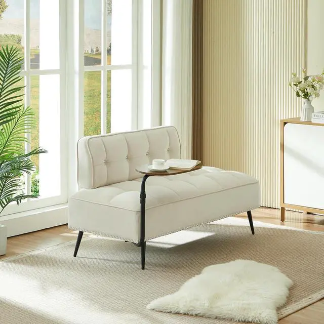 Alt view image 4 of 7 - 54" Ottoman Bench with 360° Rotating Side Table, Velvet Upholstered 2 Seater Sofa with Backrest, Lounge Chair with Button Tufted Cushions, Entryway Stool for Living Room, Bedroom, Apartment, Beige