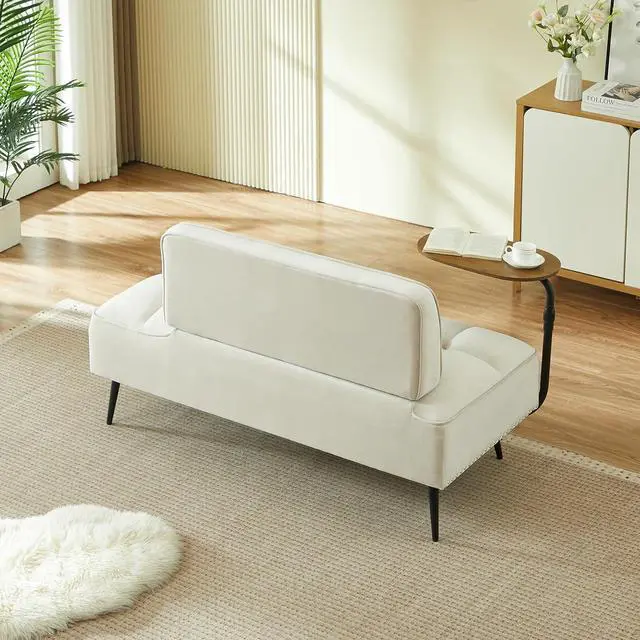 Alt view image 5 of 7 - 54" Ottoman Bench with 360° Rotating Side Table, Velvet Upholstered 2 Seater Sofa with Backrest, Lounge Chair with Button Tufted Cushions, Entryway Stool for Living Room, Bedroom, Apartment, Beige