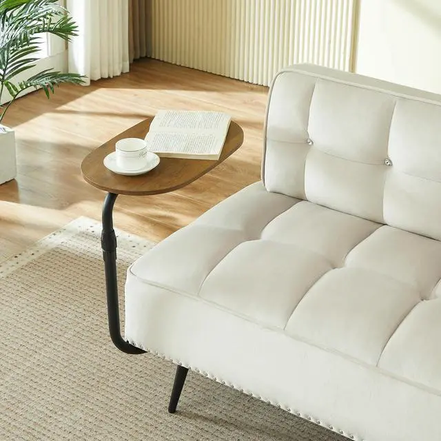 Alt view image 6 of 7 - 54" Ottoman Bench with 360° Rotating Side Table, Velvet Upholstered 2 Seater Sofa with Backrest, Lounge Chair with Button Tufted Cushions, Entryway Stool for Living Room, Bedroom, Apartment, Beige