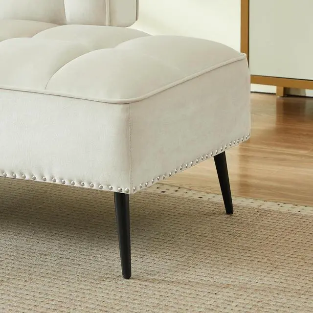 Alt view image 7 of 7 - 54" Ottoman Bench with 360° Rotating Side Table, Velvet Upholstered 2 Seater Sofa with Backrest, Lounge Chair with Button Tufted Cushions, Entryway Stool for Living Room, Bedroom, Apartment, Beige