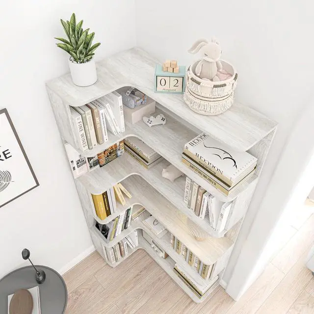 Alt view image 4 of 7 - 5 Tier Corner Bookshelf with Side Panels, 64.56" L Shaped Wood Bookcase with Round Edge, Left Corner Display Shelf for Living Room Office Bedroom Decor Organizer, Media Storage Shelves, Light Gray