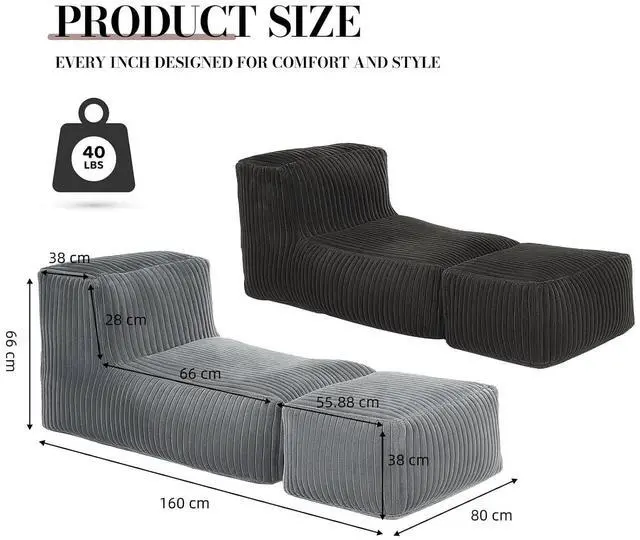 Alt view image 2 of 7 - Modular Floor Sleeper Sofa, Corduroy Chaise Lounge with Ottoman, Convertible Couch Bed for Gaming, Playing or Relaxing, Beanbag Reading Chair for Living Room, Bedroom, Apartment, Light Grey