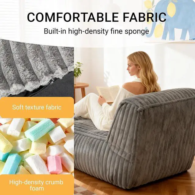 Alt view image 3 of 7 - Modular Floor Sleeper Sofa, Corduroy Chaise Lounge with Ottoman, Convertible Couch Bed for Gaming, Playing or Relaxing, Beanbag Reading Chair for Living Room, Bedroom, Apartment, Light Grey