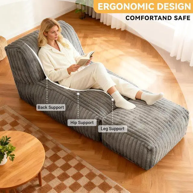 Alt view image 6 of 7 - Modular Floor Sleeper Sofa, Corduroy Chaise Lounge with Ottoman, Convertible Couch Bed for Gaming, Playing or Relaxing, Beanbag Reading Chair for Living Room, Bedroom, Apartment, Light Grey