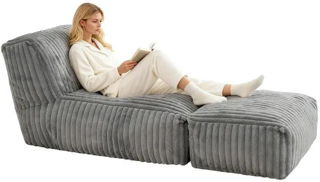 Alt view image 7 of 7 - Modular Floor Sleeper Sofa, Corduroy Chaise Lounge with Ottoman, Convertible Couch Bed for Gaming, Playing or Relaxing, Beanbag Reading Chair for Living Room, Bedroom, Apartment, Light Grey