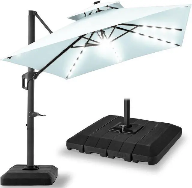Main image of 10x10ft Cantilever Patio Umbrella w/Base Included, Solar LED Lights 360 Rotation Large Offset Hanging Outdoor Shade for Deck Pool Backyard w/Stand Baby Blue
