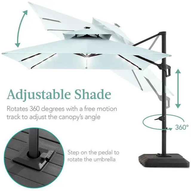 Alt view image 4 of 7 - 10x10ft Cantilever Patio Umbrella w/Base Included, Solar LED Lights 360 Rotation Large Offset Hanging Outdoor Shade for Deck Pool Backyard w/Stand Baby Blue