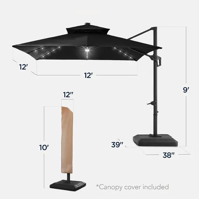 Alt view image 2 of 7 - 12x12ft LED Cantilever Patio Umbrella w/Base Included & 360° Rotation, Large Solar Offset Hanging Outdoor Sun Shade for Deck, Backyard Table w/Stand & Lights Black