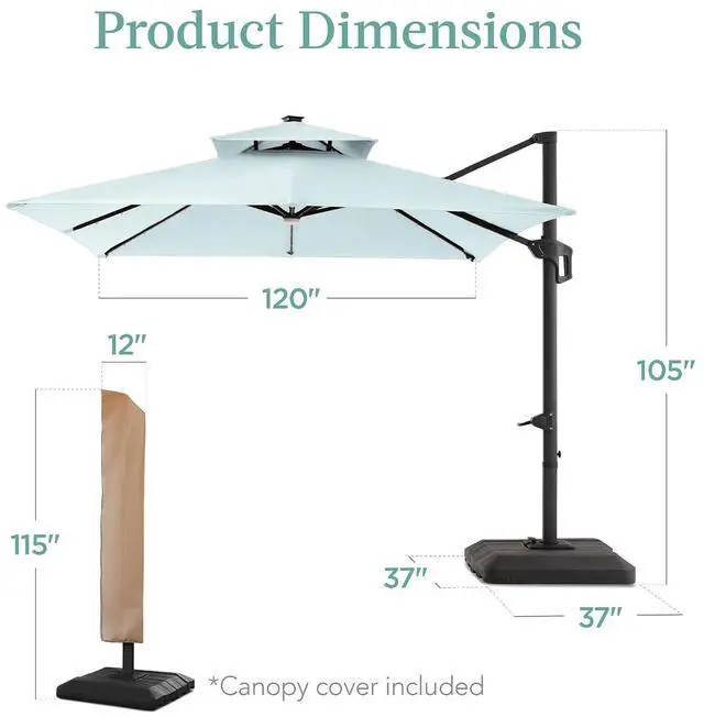 Alt view image 7 of 7 - 10x10ft Cantilever Patio Umbrella w/Base Included, Solar LED Lights 360 Rotation Large Offset Hanging Outdoor Shade for Deck Pool Backyard w/Stand Baby Blue