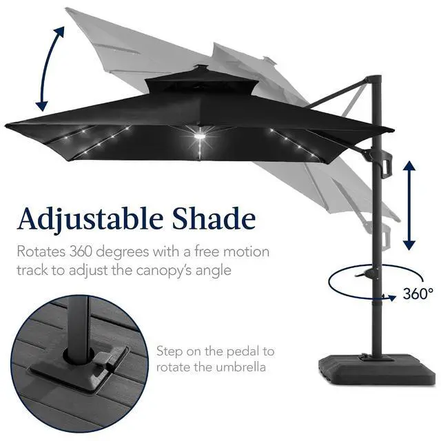 Alt view image 5 of 7 - 12x12ft LED Cantilever Patio Umbrella w/Base Included & 360° Rotation, Large Solar Offset Hanging Outdoor Sun Shade for Deck, Backyard Table w/Stand & Lights Black