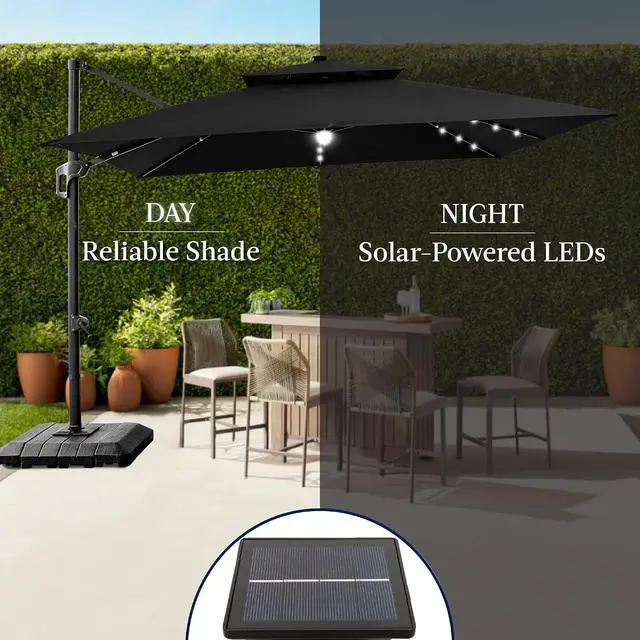 Alt view image 6 of 7 - 12x12ft LED Cantilever Patio Umbrella w/Base Included & 360° Rotation, Large Solar Offset Hanging Outdoor Sun Shade for Deck, Backyard Table w/Stand & Lights Black